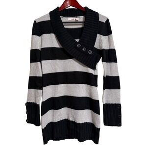 Bongo Womens XL Black Silver Metallic Striped Shawl Neck Tunic Sweater Longline